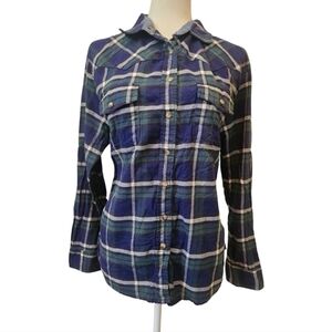 Plaid Snap Front Flannel Shirt Womens Large Blue Green Stretch Western Casual